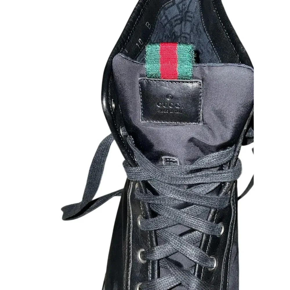 Gucci Men's High Top Sneakers Black Nylon Leather Size 11 US (10G) COA Auth